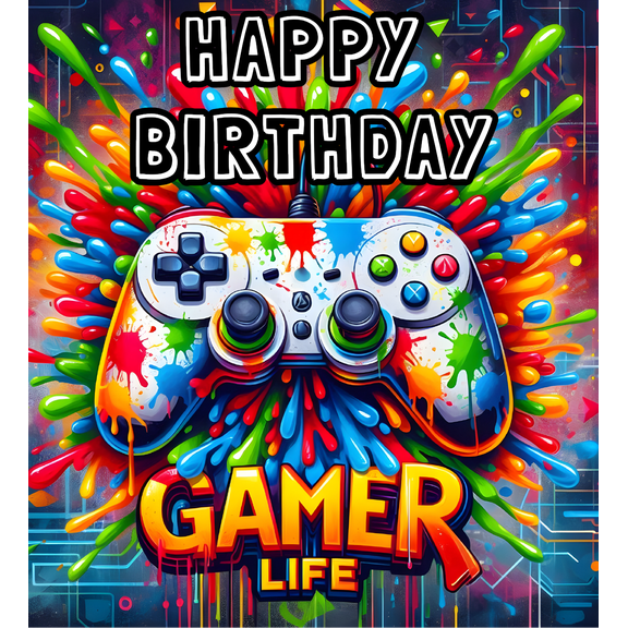 Gamer Life Happy Birthday Bright & Fun Controller Splash Paint Edible Image Cake Topper for Quarter Sheet Cake, by Tnct. (1 Count)