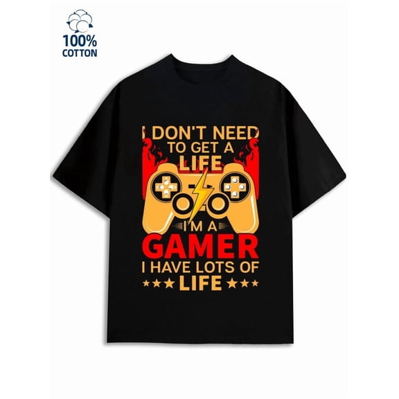 Greenink Gamer Life Tee men's games 180G 100% Cotton black fun funny Funny Unisex Shirt Printed tshirts Classic Unisex Shirt Crewneck tshirts Casual Unisex Shirt Graphic Tee tshirts