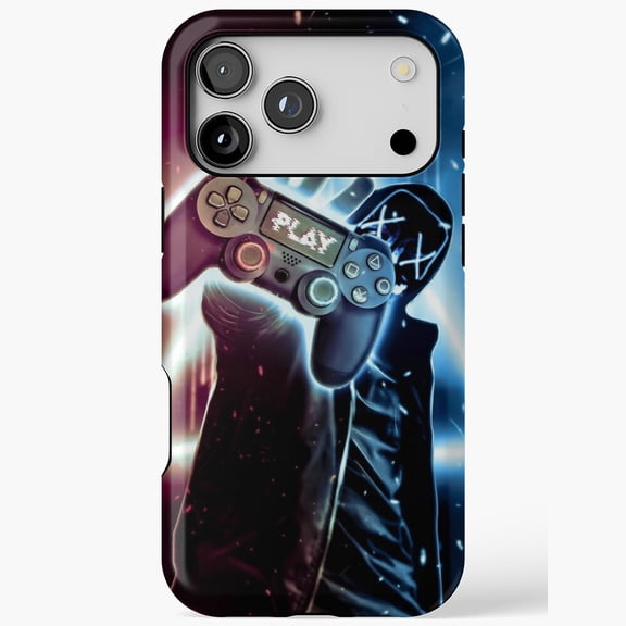 Gamer Mask Play Controller Neon Lights Arcade Phone Case for iPhone 11 through 17 Pro Max