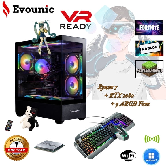 Gamer Master Gaming Desktop PC, AMD Ryzen 7 5800X, NVIDIA GeForce RTX 2080, 16GB DDR4 RAM, 1TB SSD, 650W Power Supply, WiFi 6/Bluetooth 5.4,9*ARGB Fan, Windows 11