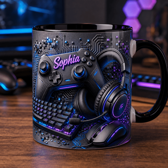Gamer Mug 2D Printed 3D Effect Custom Name Game Controller Headset Gift ,mug gift, coffee mug, ceramic mug
