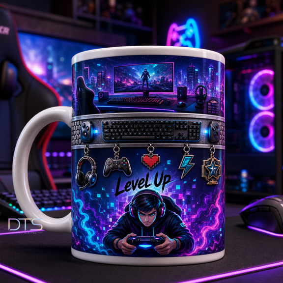 Gamer Mug Level Up Coffee Cup Gift for Video Game Players and Gaming Setup Fans