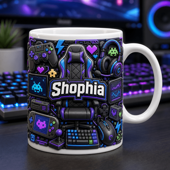 Gamer Mug with Custom Name, Controller Headset Pixel Icons Gift Mug