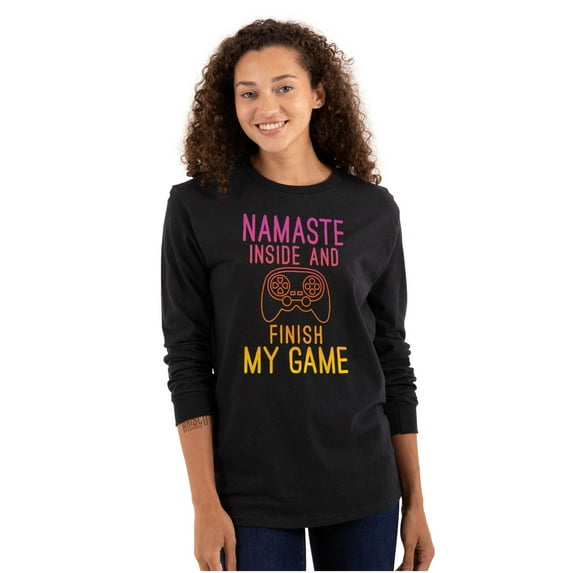 Gamer Namaste Inside Video Gaming Pun Women Plus Size Long Sleeve Graphic Tee Brisco Brands 2X