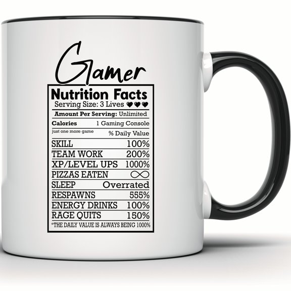 Gamer Nutrition Facts Mug - Funny Gaming Coffee Mug - Geeky Video Game Lover Gift - Gamer Gift for Him or Her - Unique Geek Mug - 11 Ounce Black Rim Handle Novelty Coffee Cup - WMUG1401-BLK