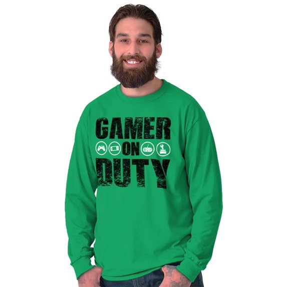 Gamer On Duty Video Games Nerdy Geeky Men's Long Sleeve Tee T Shirt Brisco Brands 2X