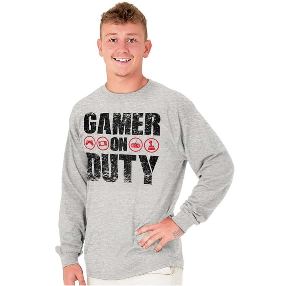 Gamer On Duty Video Games Nerdy Geeky Men's Long Sleeve Tee T Shirt Brisco Brands L
