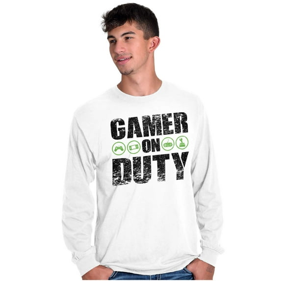 Gamer On Duty Video Games Nerdy Geeky Men's Long Sleeve Tee T Shirt Brisco Brands X