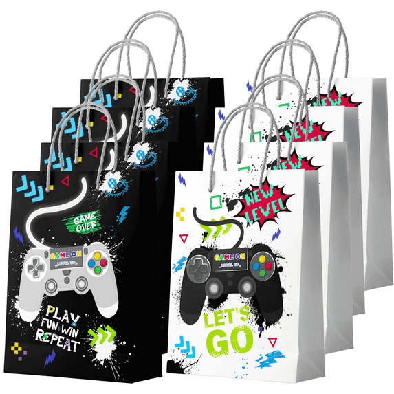 Game Party Bags, 16 Pcs Video Game Goodie Bags Set - Video Game Party Favor Bags, Game Goodie Bags for Boys & Gaming Birthday Gift Bag, for Video Game Birthday Decorations/Favors (Black & White)