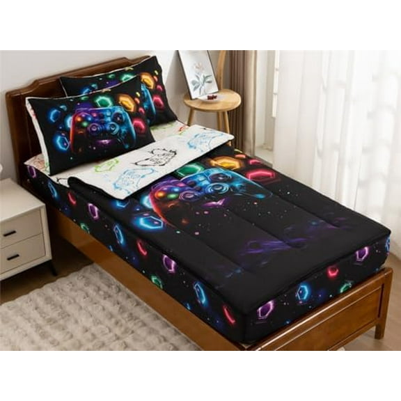 Gamer Printed Zipper Bedding Sets Twin for Kids Boys Lightweight Microfiber Space Comforter Set with Fitted Sheet Pillow Covers,Black