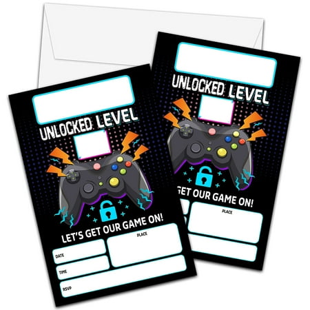 Gamer Quest Birthday Invites - 20 Personalized Video Game Invitations with Envelopes, Perfect for Epic Gaming Parties, 4" x 6" Size for Ultimate Fun!
