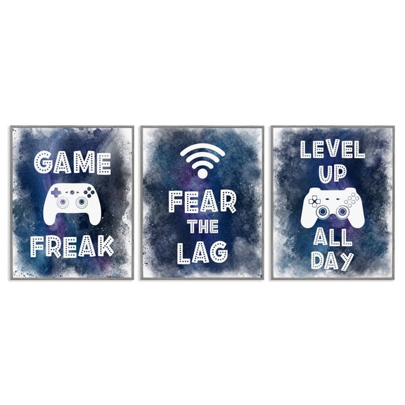 Stupell Industries Gamer Quotes with Splash 3 Piece Gray Framed Giclee Art Set, design by Marcus Prime