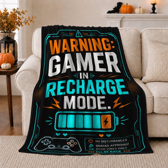 Gamer Recharge Mode Warning Gaming Room, Festive Holiday Scene, Warm Flannel Blanket for Living Room and Reading Nook, Art Lovers Christmas Gift, Festive Home Decor