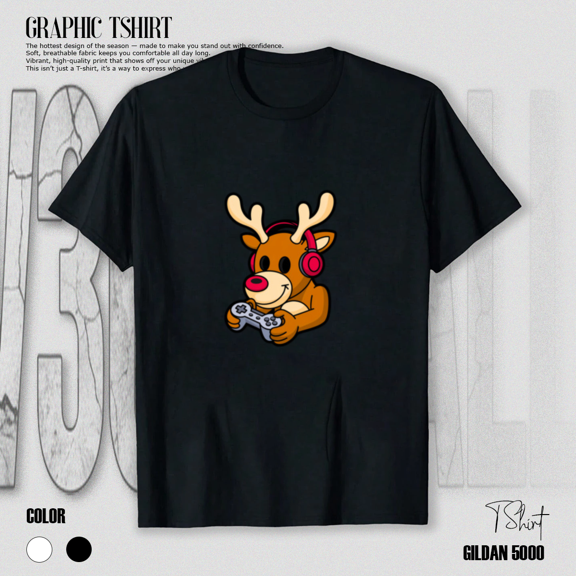 Gamer Reindeer Christmas Cute Festive Gaming Holiday Fun Art Unisex T-Shirt, up to size 5XL