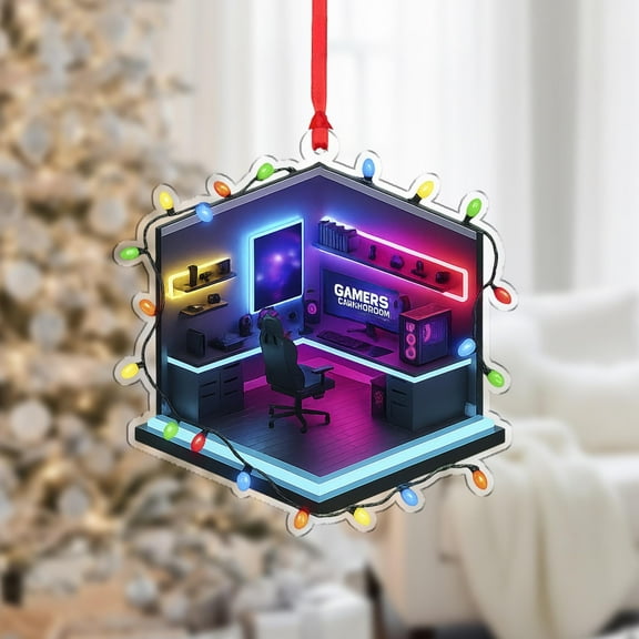 Gamer Room Acrylic Christmas Ornament with LED Lights PC Desk Setup Holiday Tree Decor, Personalized Name Video Game Lover Home Keepsake