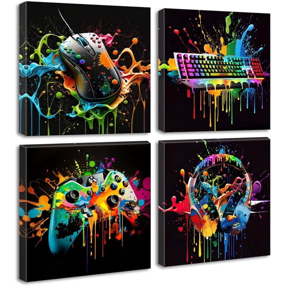 Gamer Room Decor for Boys - Game Wall Art Graffiti Gamepad Earphone Canvas Print Pictures Cool Video Gaming Poster Street Pop Men Cave Teen Bedroom Dorm Playroom Home Artwork Framed 12"X12"X4 Panels