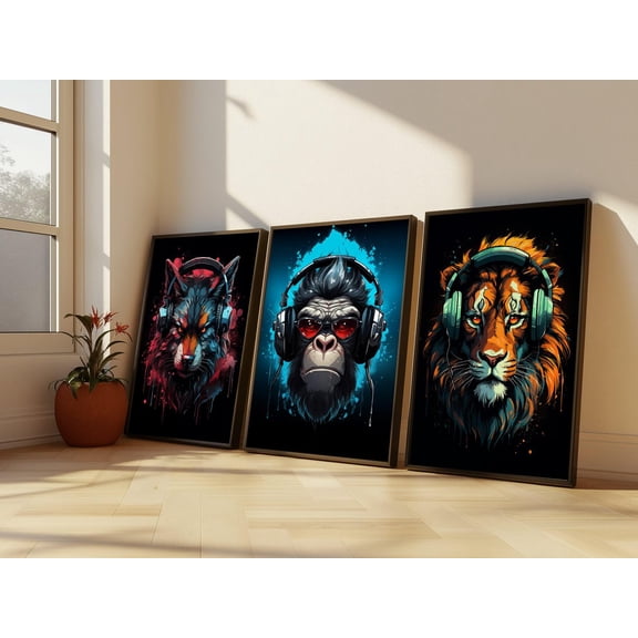 Gamer Room Graffiti Poster Wolf Lion Gorilla Decor Set 3