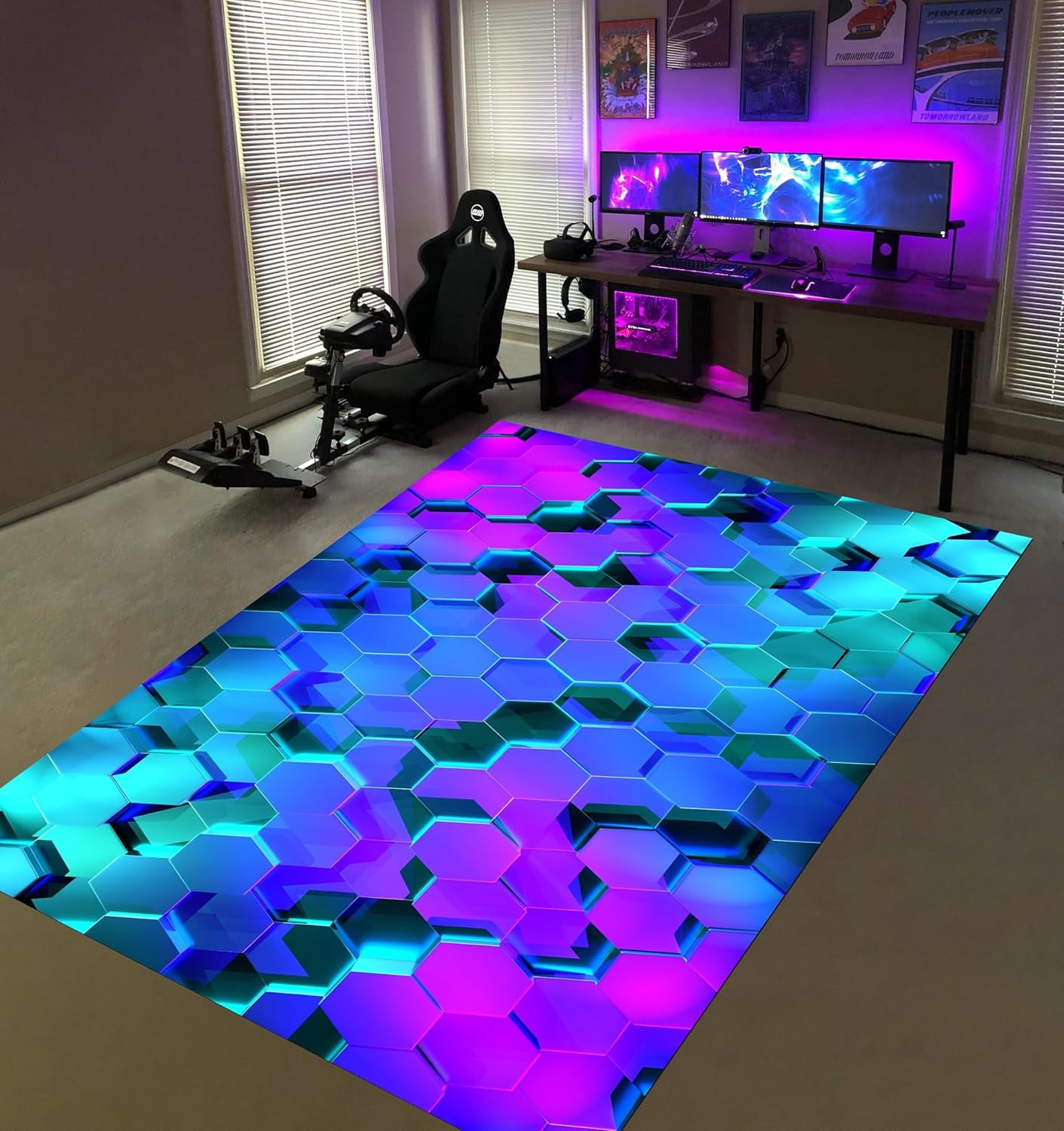 Gamer Rug - Neon Hexagon Gaming Decor, Low-Pile Fade Resistant Stain ...