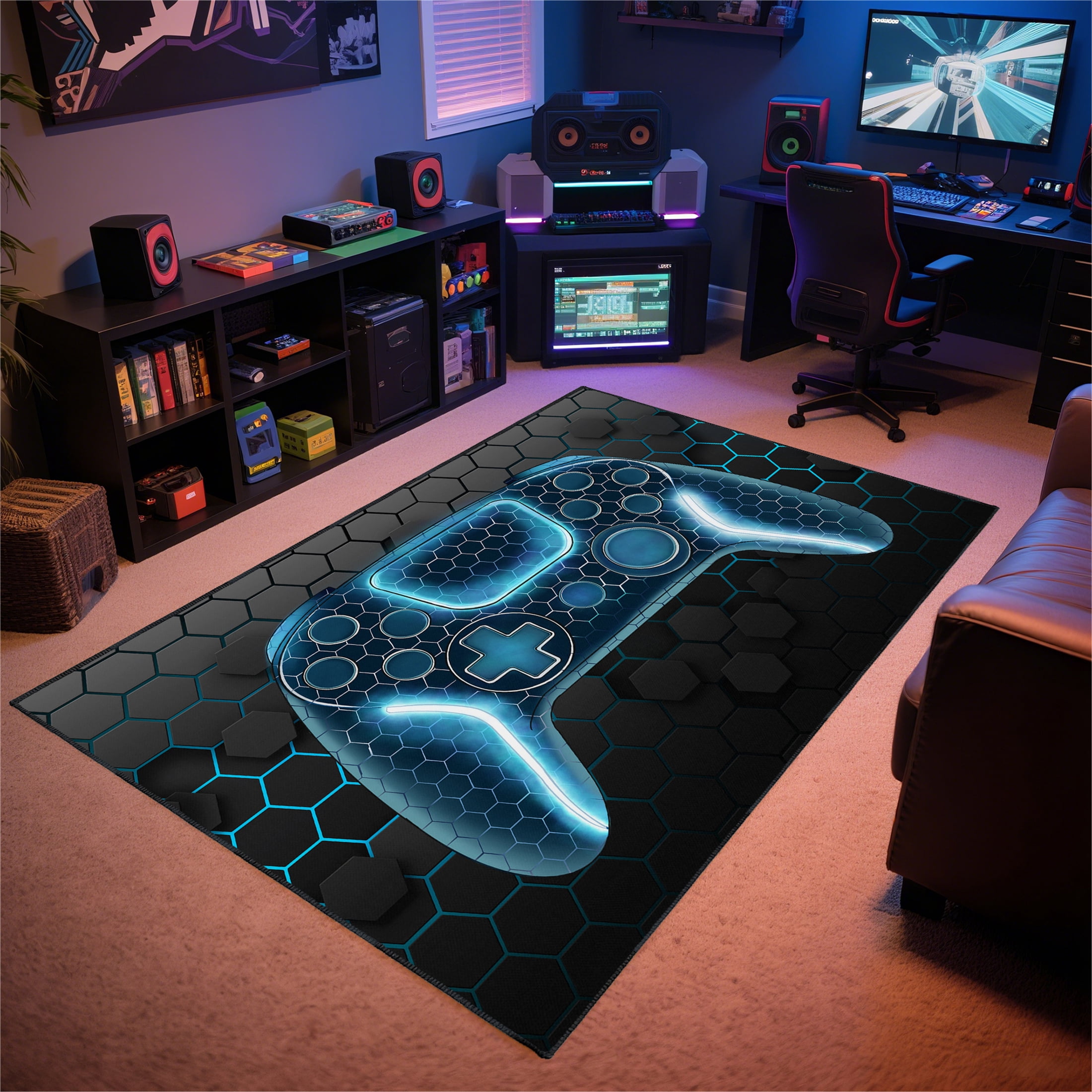 Pc Gaming Small Rug Gamer Rug for Room,5x7 ft Non-Slip Blue Gaming Rugs for Bedroom Living ...
