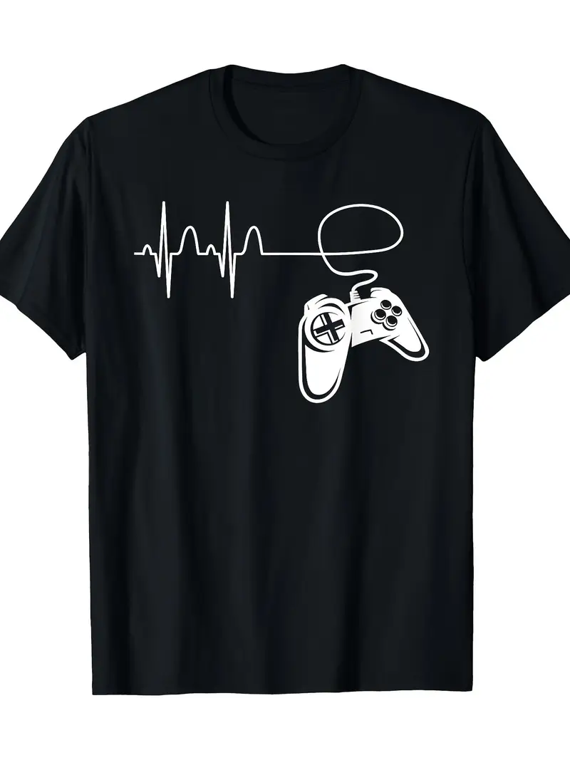 Neck Controller Game Gamer'S Heartbeat ECG Graphic Tee- Cotton, Short Sleeve, Crew Neck in ...