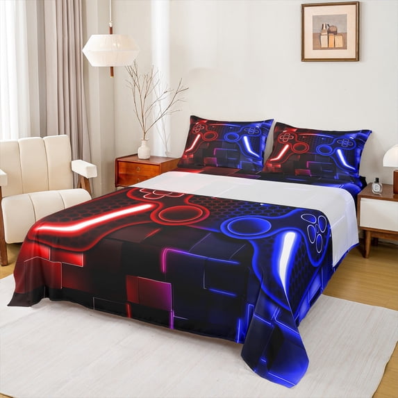 Gamer Sheet Set For Boys Bedding Set 3-Piece Game Console Bed Sheets For Kids Girls Teen 3D Red And Blue Gamepad Gaming Bed Sheet Set With Neon Check(Red Blue,Twin)