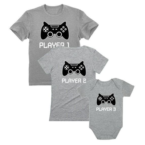 Gamer Shirts For Dad, Mom & Baby Player 1 2 3 Father Mother Shirts Baby Bodysuit Dad Gray L / Mom Gray S / Baby Gray 24M (18-24M)
