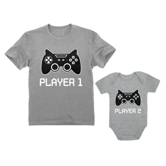 Gamer Shirts For Father & Son Daughter Player 1 Player 2 Men Tee Baby Bodysuit Dad Gray Medium / Baby Gray 18M (12-18M)