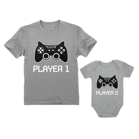 Gamer Shirts For Father & Son Daughter Player 1 Player 2 Men Tee Baby Bodysuit Dad Gray Small / Baby Gray 24M (18-24M)