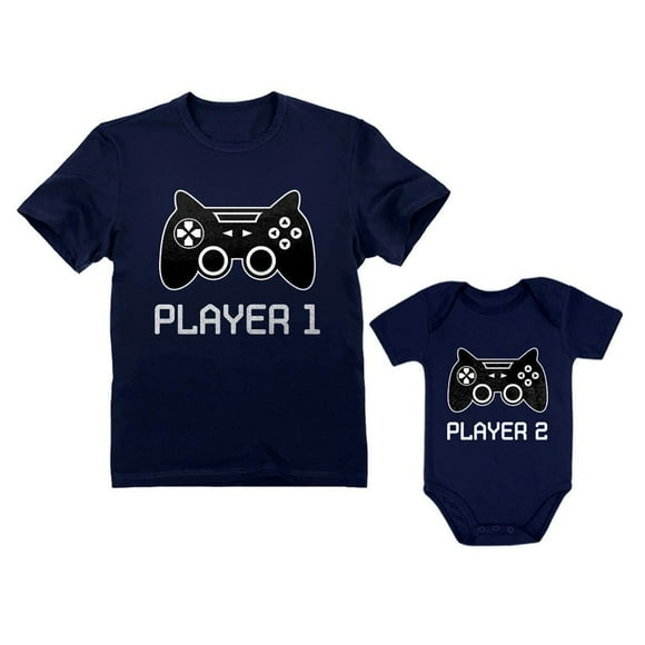 Gamer Shirts For Father & Son Daughter Player 1 Player 2 Men Tee Baby Bodysuit Dad Navy Large / Baby Navy 12M (6-12M)