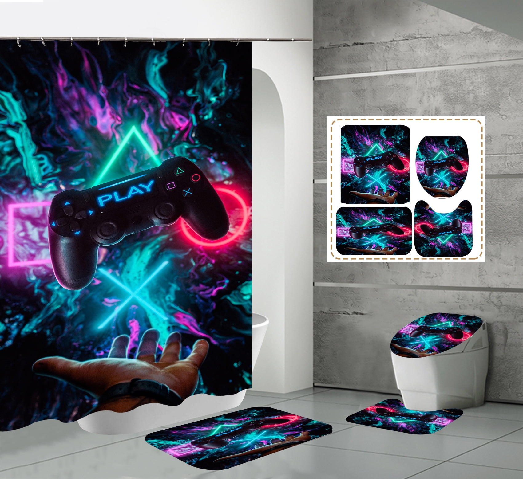 Gamer Shower Curtain Set with NonSlip Rugs for Game Controller