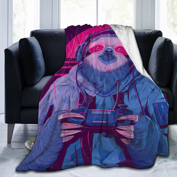 Gamer Sloth Throw Blanket, Video Game Art Soft Flannel Fleece, Modern Gaming Room Decor for Players and Fans 50x40