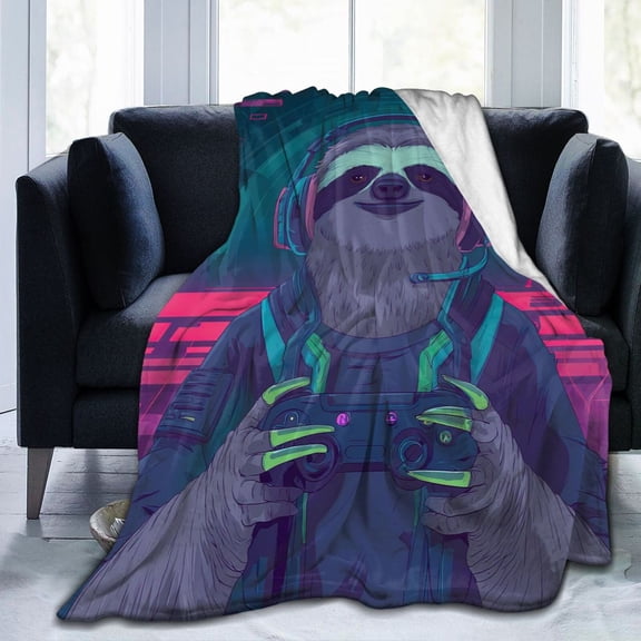Gamer Sloth Throw Blanket, Video Game Art Soft Flannel Fleece, Modern Gaming Room Decor for Players and Fans 50x40