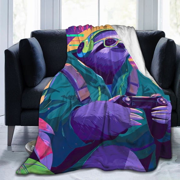 Gamer Sloth Throw Blanket, Video Game Art Soft Flannel Fleece, Modern Gaming Room Decor for Players and Fans 50x40