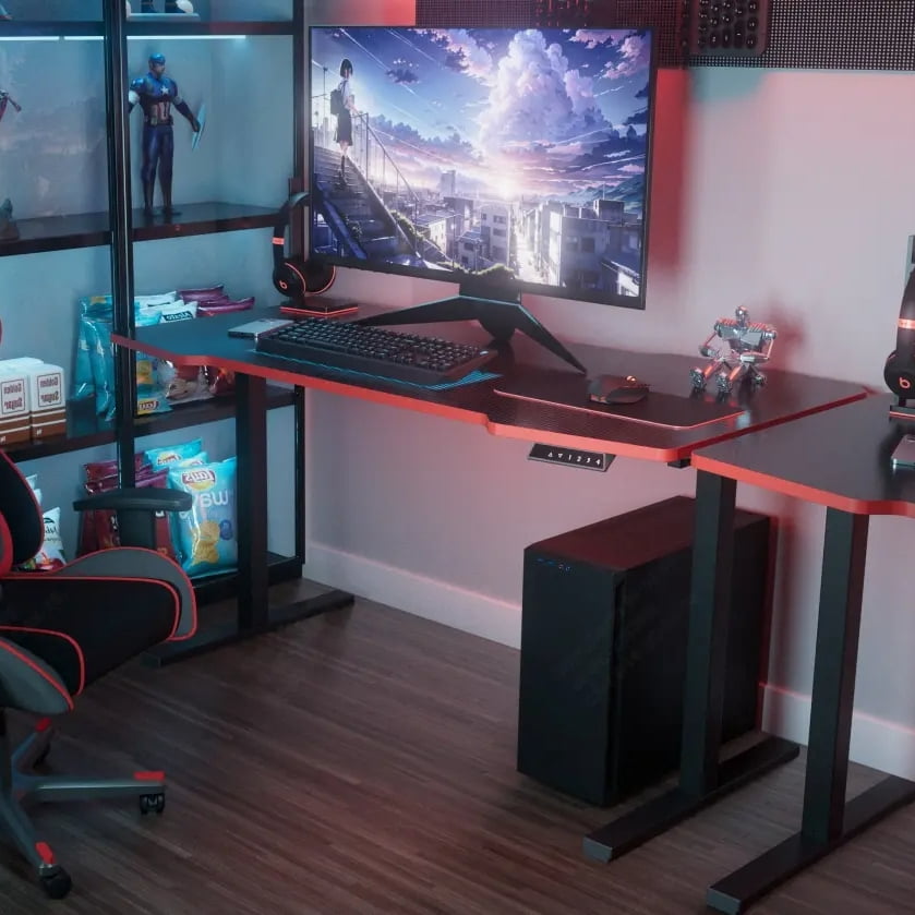 55×28 Inch Electric Gaming Standing Desk, Adjustable Height Sit Stand Esports Workstation with 220 lbs Load Capacity, Whole-Piece Desktop for Home Office & Game Setup (Black Frame + Black Top)