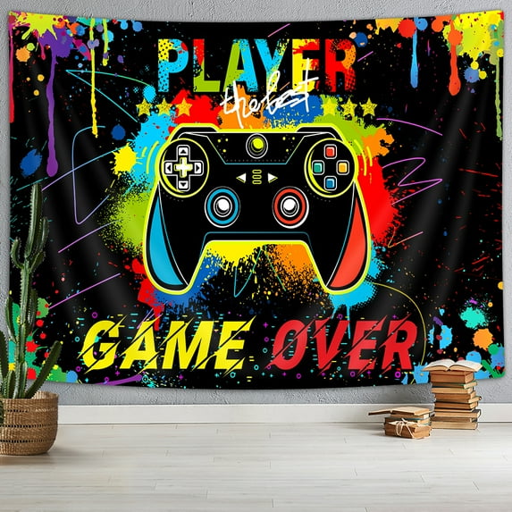 Gamer Tapestry, Neon Blacklight Cool Game Over Gaming Tapestry Wall Hanging for Guys Men Boys, Funny 80s Video Game Over Aesthetic Tapestries for Playroom Game Room Party Office Poster 60X40IN