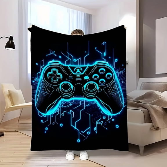 Gamer Throw Blanket, Neon Blue Video Game Controller Fleece Blanket for Boys Room Decor, Soft Gaming Blanket Gift for Teen Boys