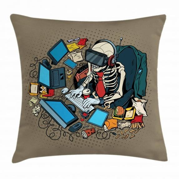 Gamer Throw Pillow Cushion Cover, Skeleton Programmer and Hacker in Virtual Reality Eating Fast Food Theme Illustration, Decorative Square Accent Pillow Case