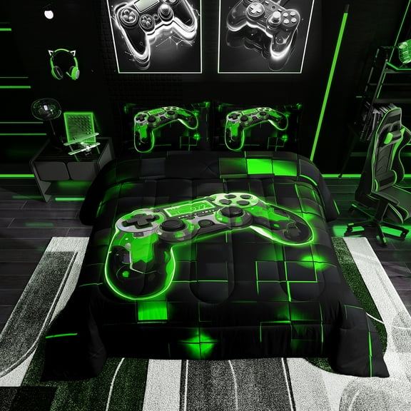 Gamer Twin Bedding Set Neon Green and Black Gaming Comforter Sets ,Abstract Geometric Grid Bedding Comforter Sets Video Game Controller Quilt Bed Set 2Pcs