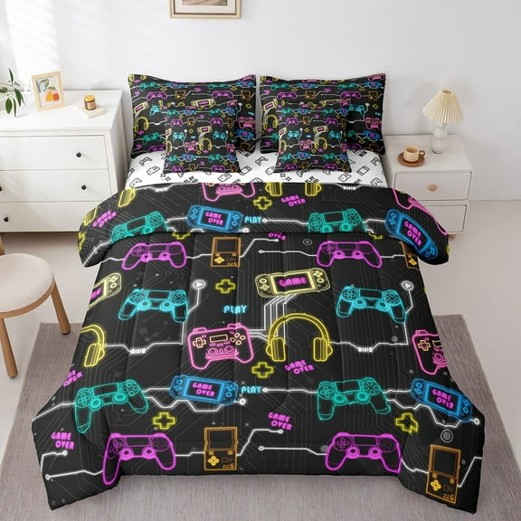 Gamer Twin Comforter Set 7 Piece,Colorful Neon Gaming Bed in a Bag Teens Adults,Game Console Bedding Sets,Modern Gamepad Sheet Set with Comforter,Black,Reversible