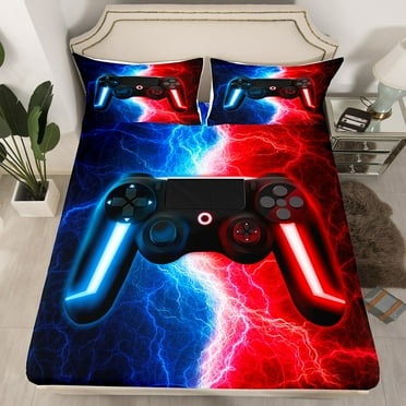 Gamer Twin Fitted&nbsp;Sheet Blue and Red Gaming Gamepad Bedding Set,Video Game Console Bottom Sheets Modern Lightning Bed Set Bedroom Decor 2Pcs (No Flat Sheet)(No Top Sheet)