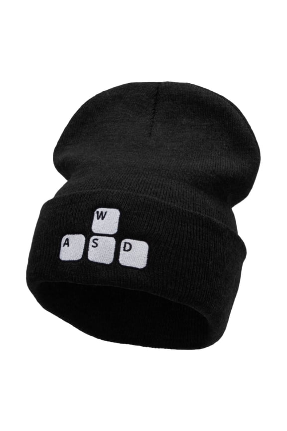Gamer WASD Embroidered 12 Inch Long Knitted Beanie - Black OSFM