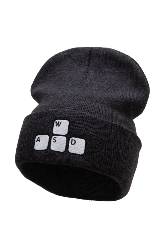 Gamer WASD Embroidered 12 Inch Long Knitted Beanie - Dk Grey OSFM