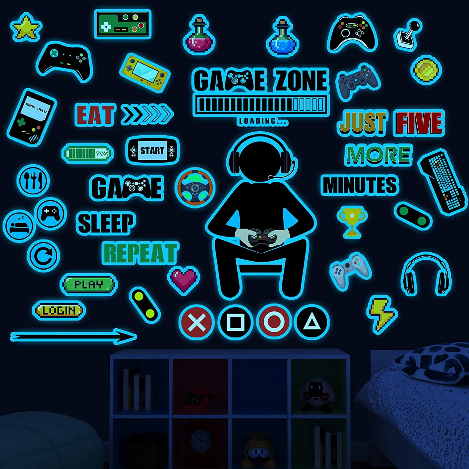 Glow in The Dark Gamer Wall Decals Stickers for Boys, Girls, Kids ...
