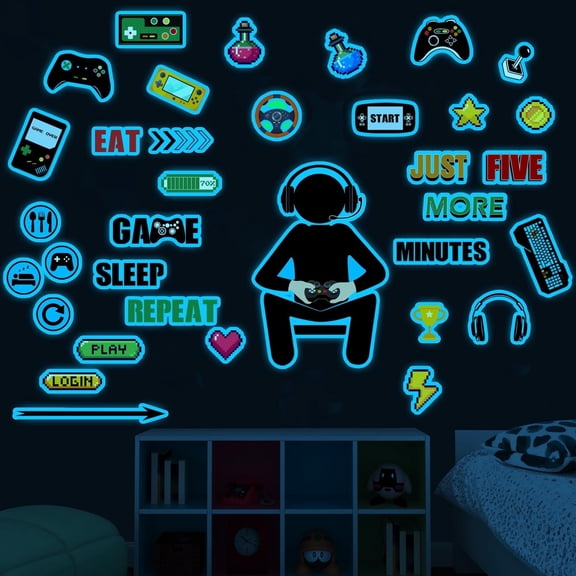 Gamer Wall Decals Stickers Glow in The Dark Wall Decals for Boys Girls Bedoom Playroom Wall Decor(Sky Blue)