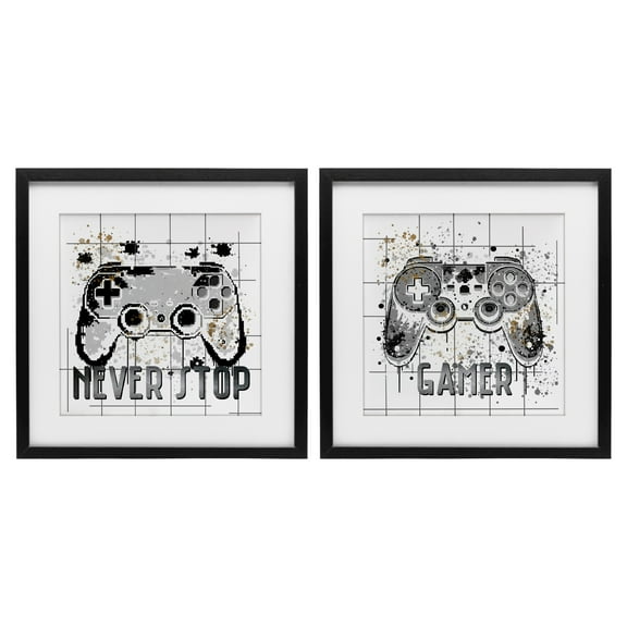 Stupell Industries Gamer Words with Modern Pixels 2 Piece Black Framed Print Under Glass Set, design by Kim Allen