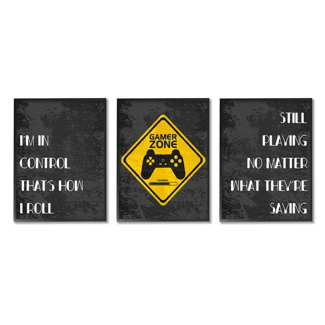 Gamer Zone Road Sign Modern Video Game Phrases 16 in x 20 in Framed Painting Art Prints, by Stupell Home Décor (Set of 3)