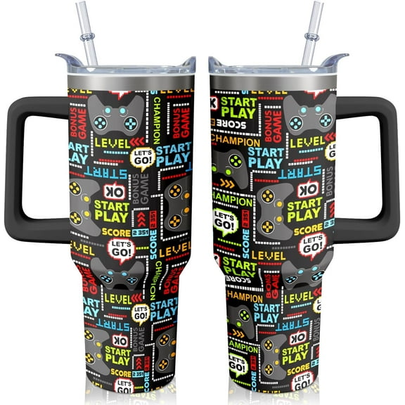 Gamer''s Choice Tumbler 40oz - Vacuum Insulated Stainless Steel Cup with Handle & Straw, 8-Bit Pixel Design for Gaming Enthusiasts (Holiday Birthday Gift)