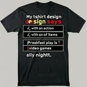 Gamer's Dream Day Action List Pixel Art Black Tee Retro Video Game Enthusiast Shirt