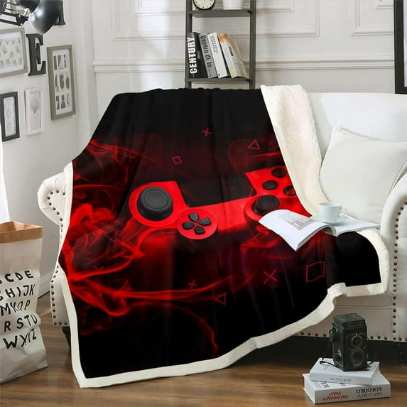 Games Blanket Throw for Boys Gamer Gamepad Sherpa Blanket for Kids Youth Gamer Room Sofa Decor,Gaming Controller Fleece Blanket Novelty Retro Game Console Fuzzy Blanket, Twin 60"x80" Red Black