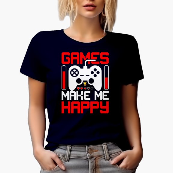 Games Make Me Happy, Gamer, Navy Blue T-Shirt, Medium